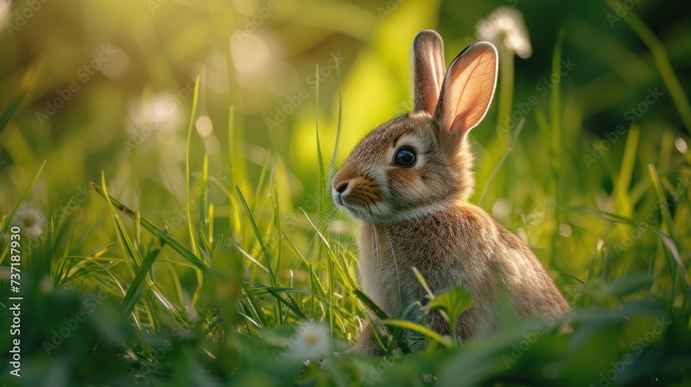 a rabbit is sitting in the grass with its ears up and it's eyes wide open, looking at the camera.