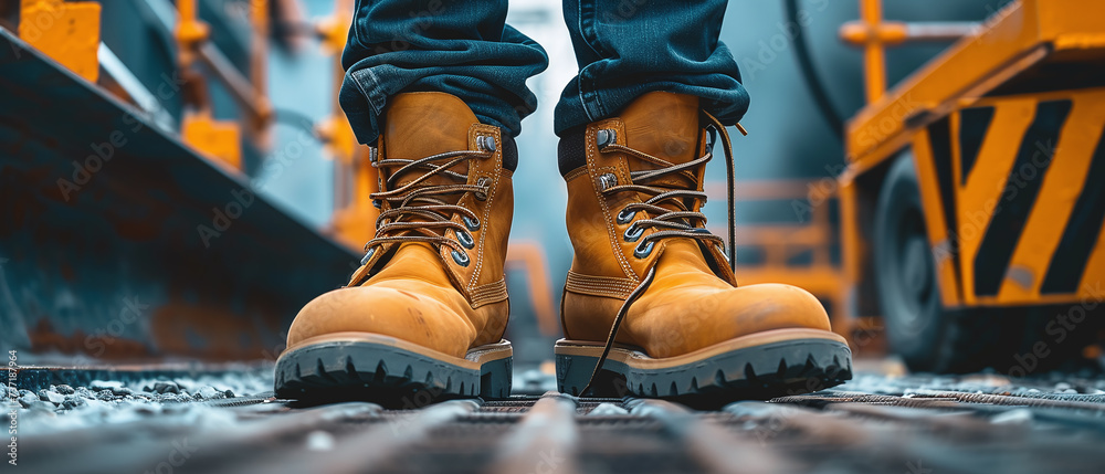 Builder's boots on an industrial site Builder's boots on an industrial site