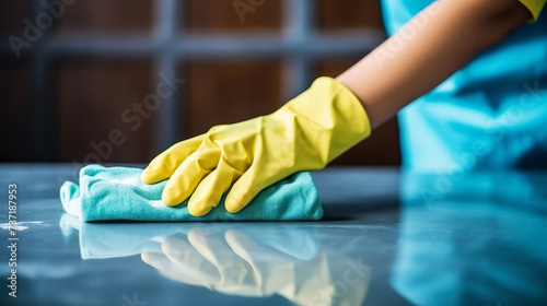 Close-up of hand in yellow gloves cleaning with microfiber cloth