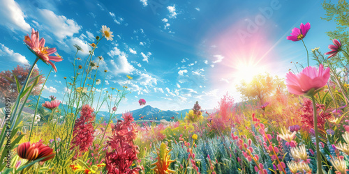 beautiful  meadow with colorful flowers in a field in blue sky landscape background