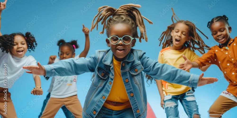 Group Of Joyful, Multiethnic Children Dancing Hip Hop On Stage