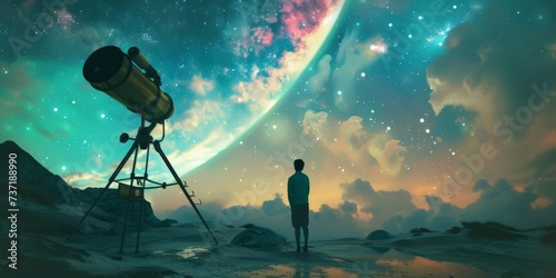 Solitary Observer Contemplates The Universe With A Majestic Telescope