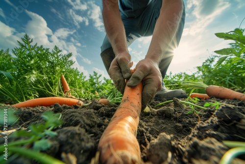 A farmer harvests organic carrots Freshly harvested carrots. Summer harvest Agriculture Seasonal job Farming Agro-industry Farming