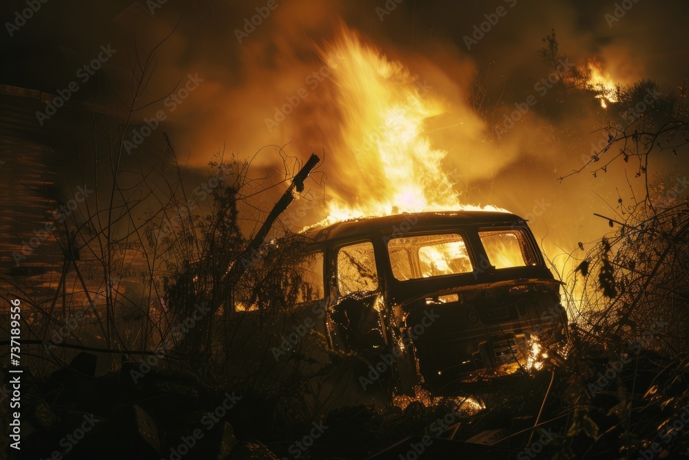 Abandoned Vehicle Engulfed In Flames In Isolated Location