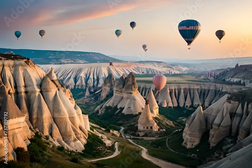Air balloons flying over spectacular Cappadocia. Turkey. Generative AI photo