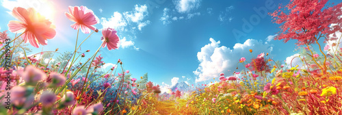 beautiful meadow with colorful flowers in a field in blue sky landscape background