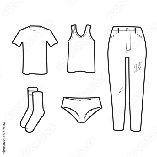 Bundle set of isolated ouline hand drawn outfit, t shirt, sock, pant, underwear