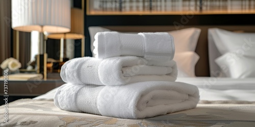 Neatly Arranged Towels On Bedroom Table, Prepared For Comfort And Relaxation © Anastasiia
