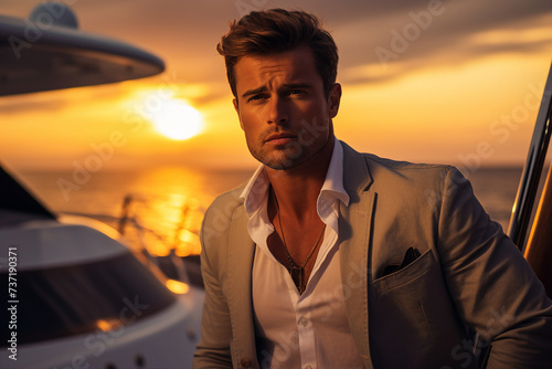 Photo of attractive man on a yacht against the background of a bronze sunset made with generative ai