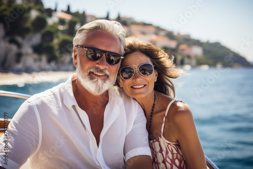 AI generated picture of romantic vacation beautiful young couple relaxing on a luxury yacht in open sea