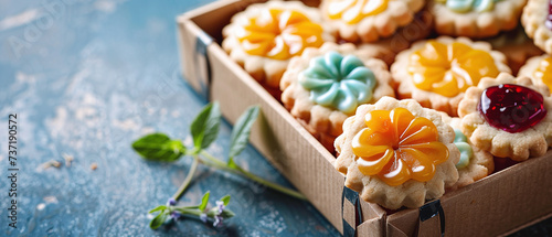 Cardboard box with shortbread cookies, decorated with colored icing and jam.