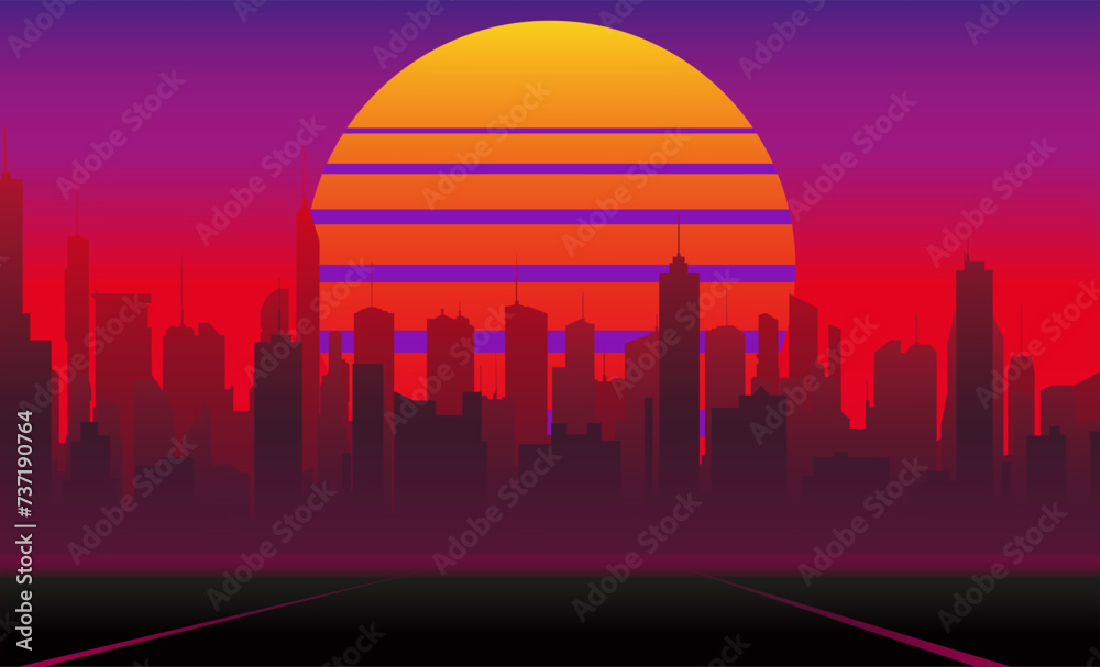 futuristic city with skyscrapers and a large setting sun in retrowave style