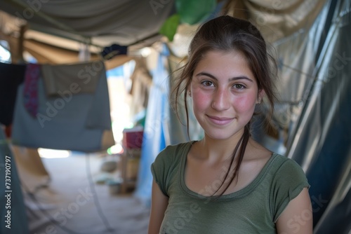 Resilient Young Refugee Woman Embodies Hope And Confidence In Temporary Shelter