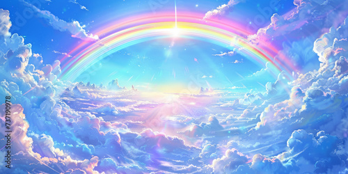 a rainbow is shown above a blue sky with clouds  anime style 
