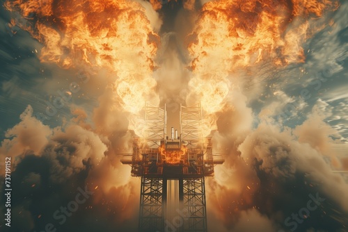 Dramatic Oil Rig Fire With Flames Engulfing The Offshore Petroleum Infrastructure