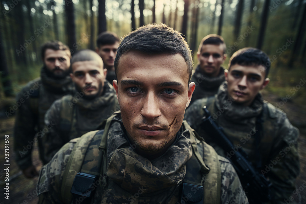 Picture of confident strong soldiers fully equipped looking camera in a forest made with generative ai
