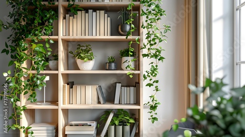 A contemporary-style bookshelf adorned with plants that serves as a modern decorative element for virtual office backdrops