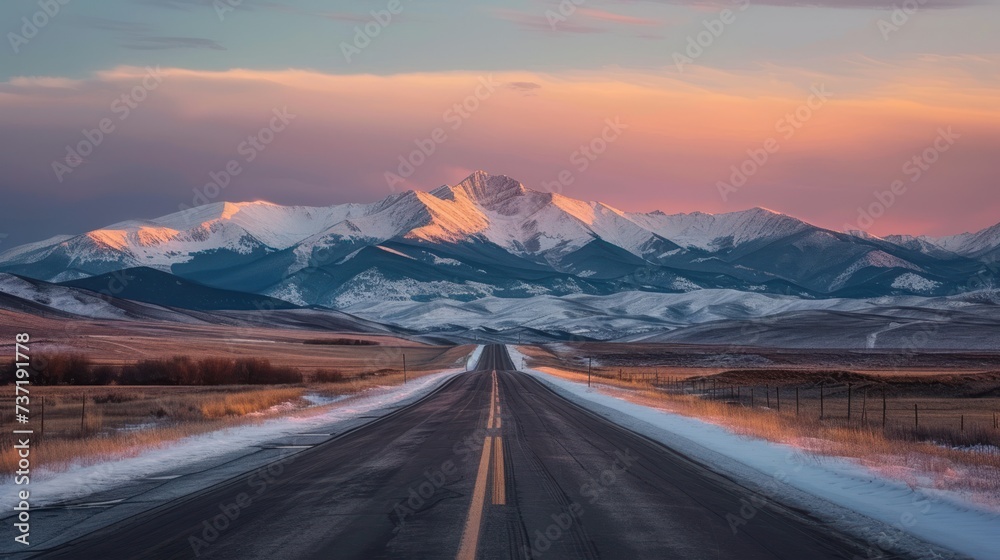 a road in the middle of a field with a mountain range in the background with snow on the top of the mountains.