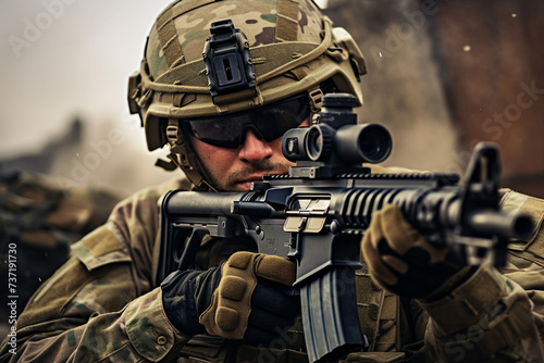 Ukrainian military army soldiers in uniform with weapons in war fighting against aggressor generative AI
