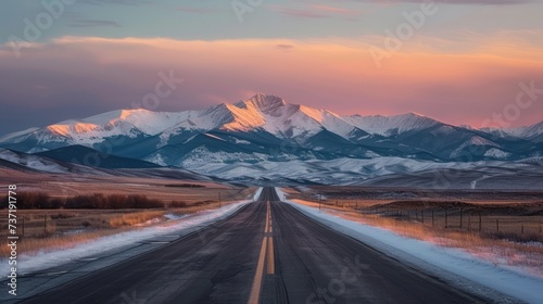a road in the middle of a field with a mountain range in the background with snow on the top of the mountains.