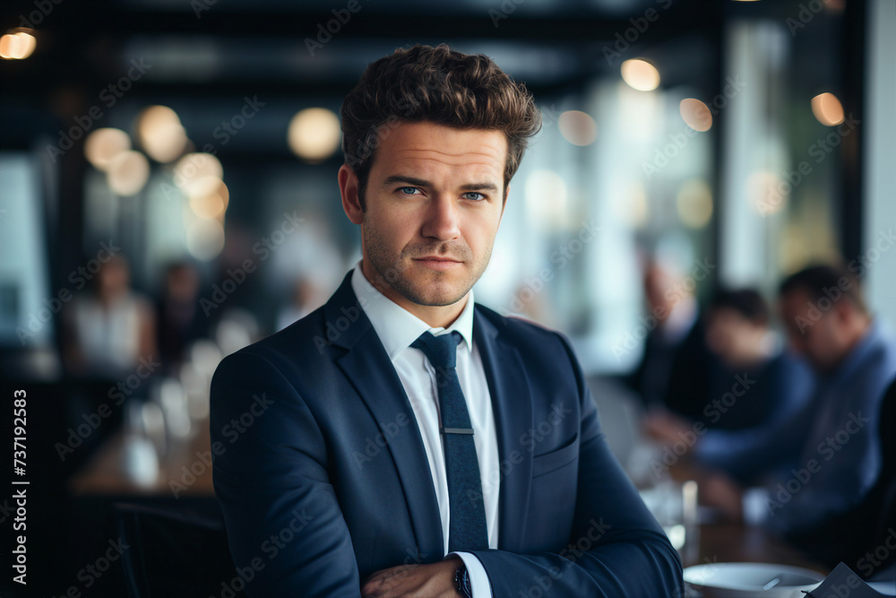 Fototapeta premium Generative AI portrair of happy smiling successful busy person working in office