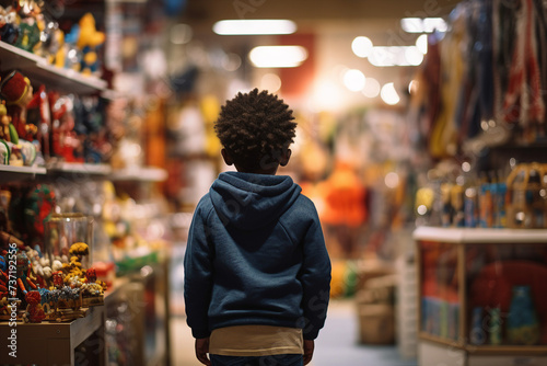 Child boy in a toy store back view photo made with ai generative technology