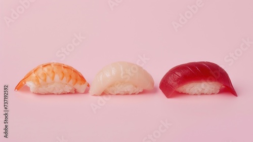 three different types of sushi on a pink background, one of which is cut in half and the other half has a piece of sushi on it.