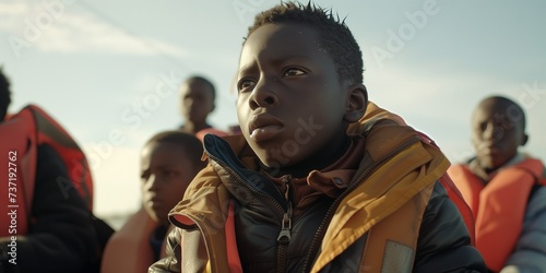 Homeless African Children And Teenagers On Boat Journey Towards Europe As Migrants photo
