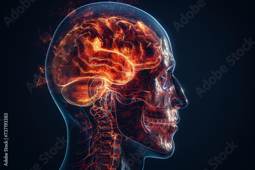 Male human head with skull and brain in ghost effect, side view. Anatomy image