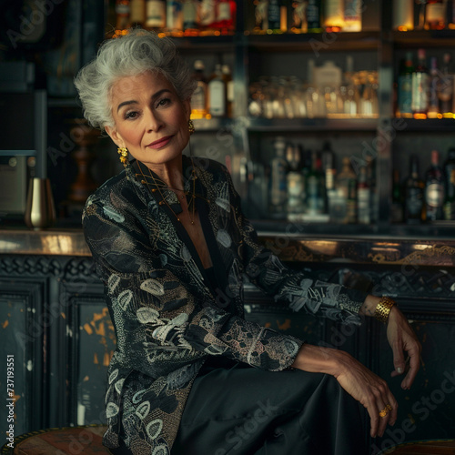 photograph of an elderly fashionista, careless makeup and styled gray short-cropped hair, wandering smile, fusion style clothes, full length, sitting on a bar stool, looking at the camera