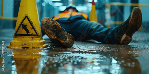 a worker in a construction helmet slipped and fell, the concept of non-compliance with safety rules in a factory photo