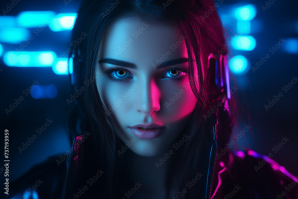 Generative ai illustration of attractive woman isolated on futuristic neon illuminated town background Generative ai illustration of attractive woman isolated on futuristic neon illuminated town background