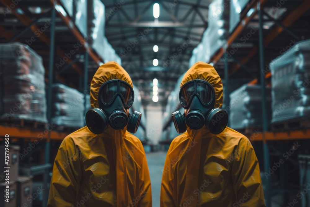 Technicians In Gas Masks Evaluate Hazardous Spills In Industrial Warehouses Technicians In Gas Masks Evaluate Hazardous Spills In Industrial Warehouses