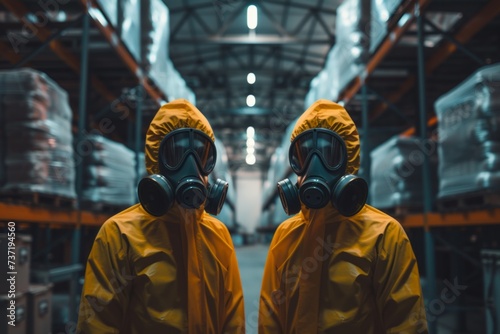 Technicians In Gas Masks Evaluate Hazardous Spills In Industrial Warehouses