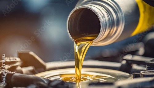 close up of car engine oil pouring