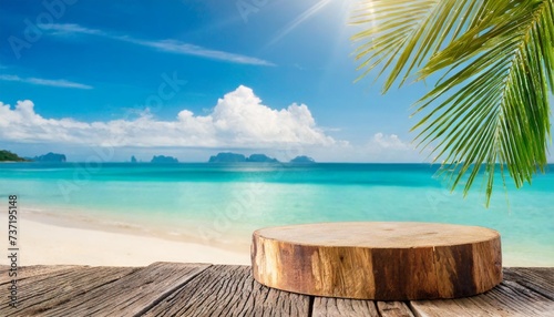 summer product display on wooden podium at sea tropical beach © Marsha