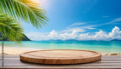 summer product display on wooden podium at sea tropical beach