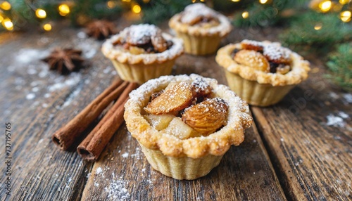 traditional british christmas pastry home baked mince pies with apple raisins nuts filling on rustic wood table golden shortcrust powdered photo