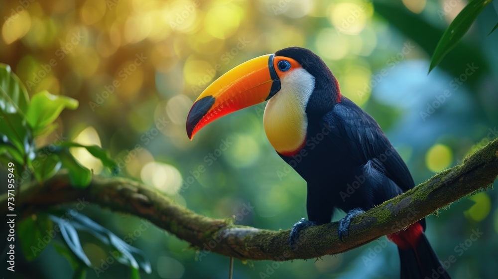 a toucan sitting on a tree branch with a bright orange and black beak and a green leafy background. a toucan sitting on a tree branch with a bright orange and black beak and a green leafy background.