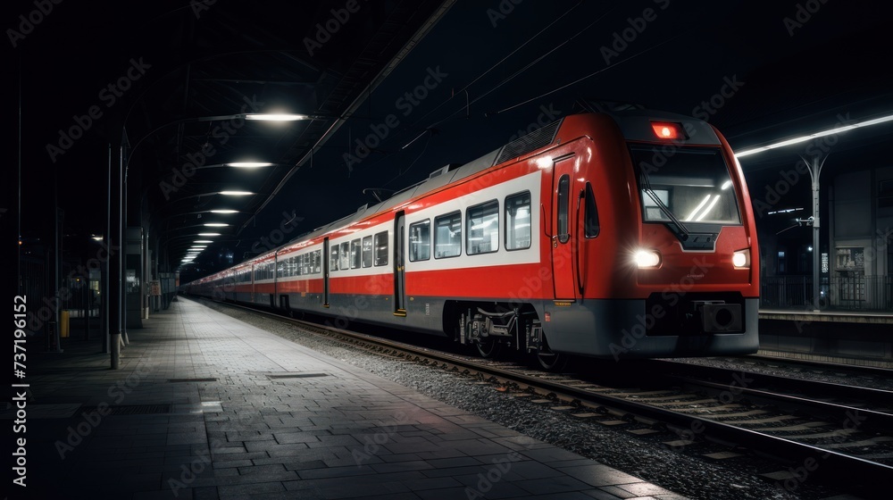 a red and white train traveling down train tracks in a train station at night with lights on the side of the train.