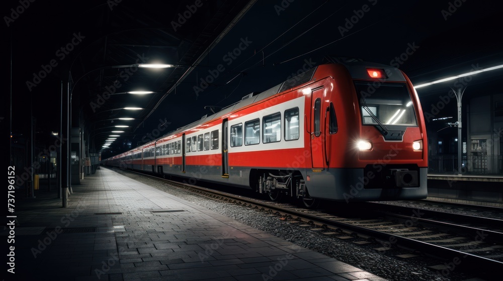 a red and white train traveling down train tracks in a train station at night with lights on the side of the train. a red and white train traveling down train tracks in a train station at night with lights on the side of the train.