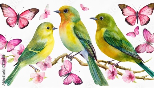 watercolor green and yellow birds and pink butterflies vintage set © Marsha