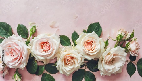 delicate blooming festive soft pale roses on light pink background blossoming flowers pastel frame bouquet floral card toned image