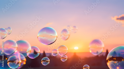 A colorful bubble is floating in the sky,, Soap bubbles in the sky at sunset