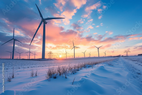 Wind turbines farm on sunset in winter photo