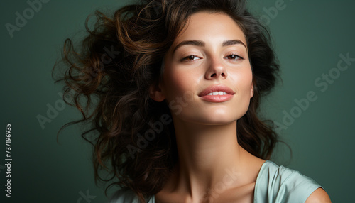 Beautiful woman with curly hair looking at camera, confident and smiling generated by AI