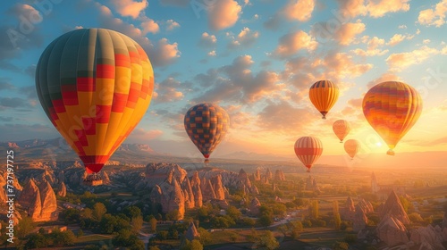 Hot Air Balloon Adventure, a whimsical scene of colorful hot air balloons soaring over picturesque landscapes during a balloon festival.