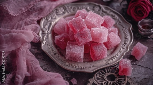 a close up of a plate of sugar cubes on a table next to a lace doily and roses. photo