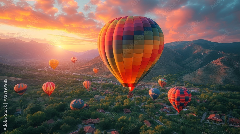 Naklejka premium Hot Air Balloon Adventure, a whimsical scene of colorful hot air balloons soaring over picturesque landscapes during a balloon festival.