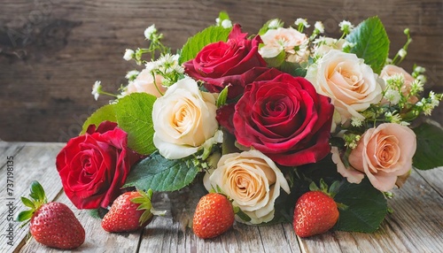 bouquet with different roses and wood strawberries transparent background